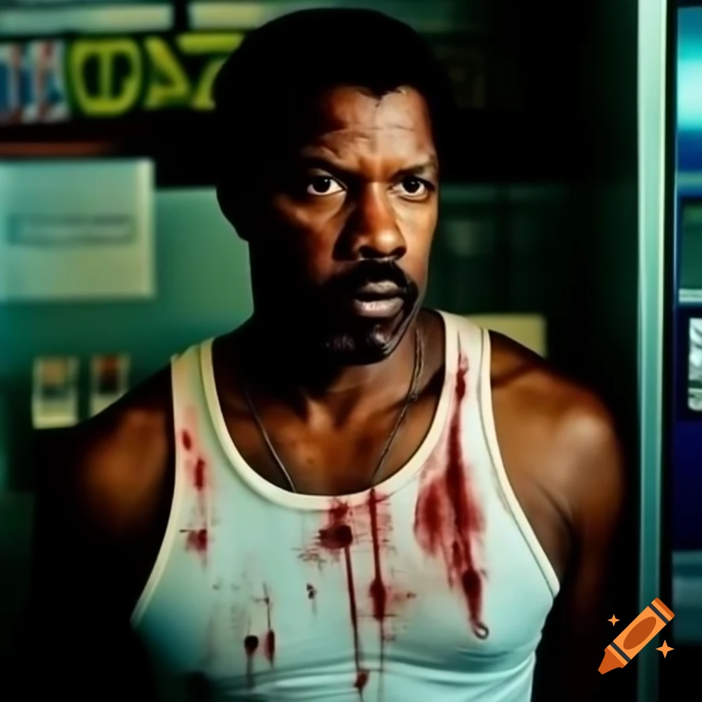 Denzel Washington in dirty tank top at payphone, displaying blood and bruises