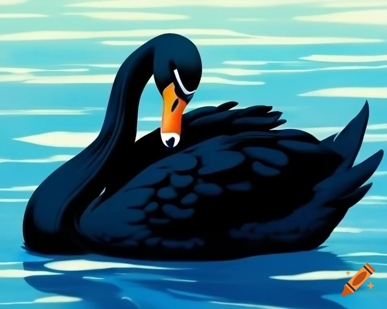 Black swan with orange beak swimming, styled like Albert Namatjira
