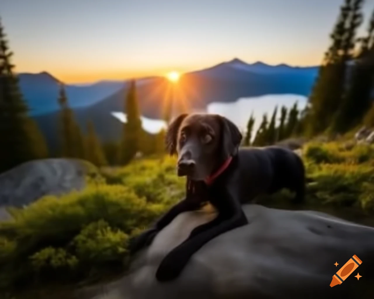Black Labrador Retriever by lake in mountains with birds and trees, realistic nature photography