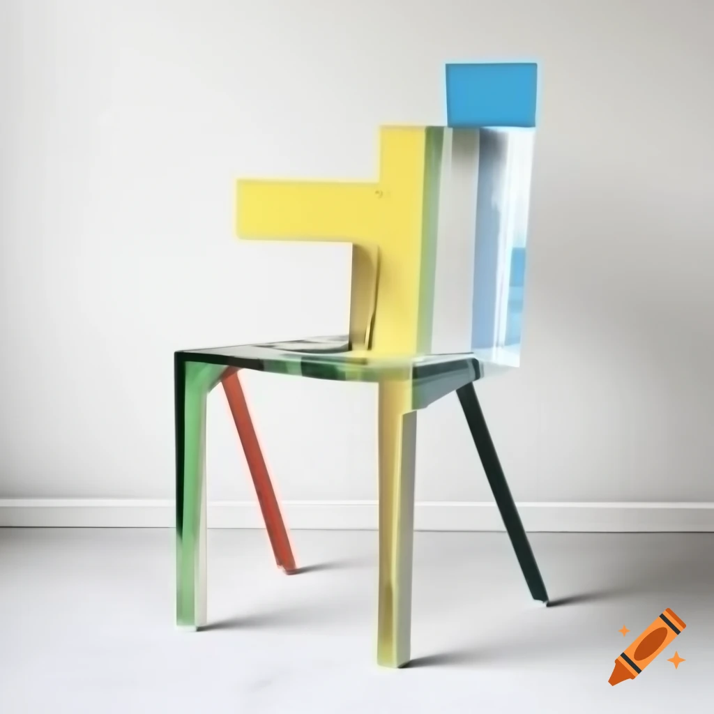 Architectural chair made of giant acrylic scraps on white background