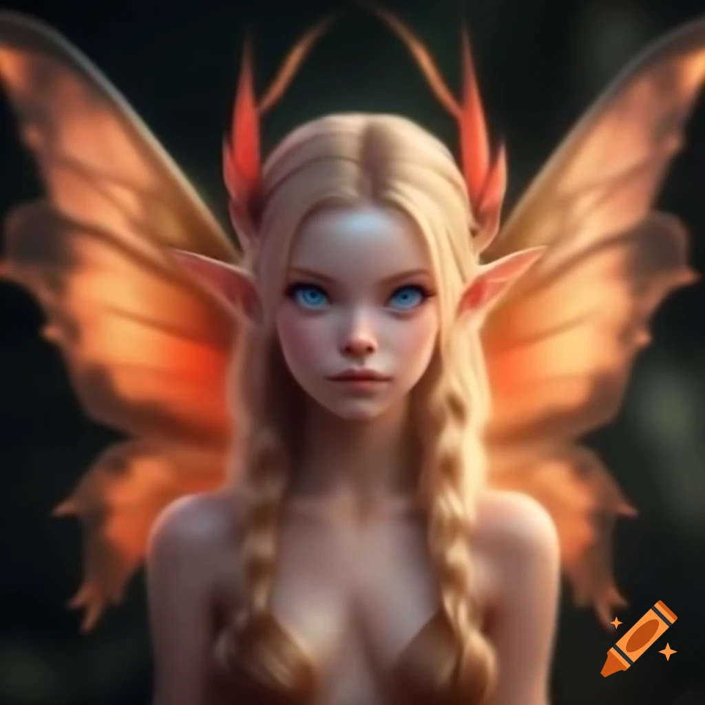 Elegant blonde fairy girl with blue eyes and red transparent wings