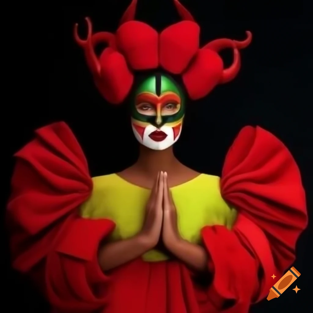 Avant-garde high-fashion dress inspired by Sri Lankan culture and devil face masks