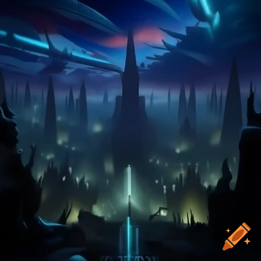 Futuristic megacity with gothic architecture and neon patterns in surreal sky