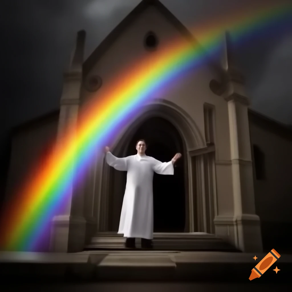 Priest casting a rainbow from a wand towards a church