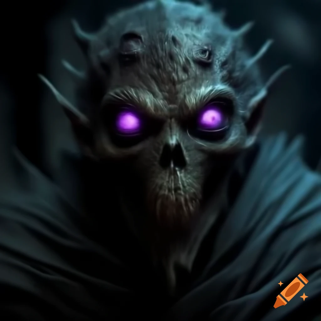 Creepy entity with glowing purple eyes in darkness