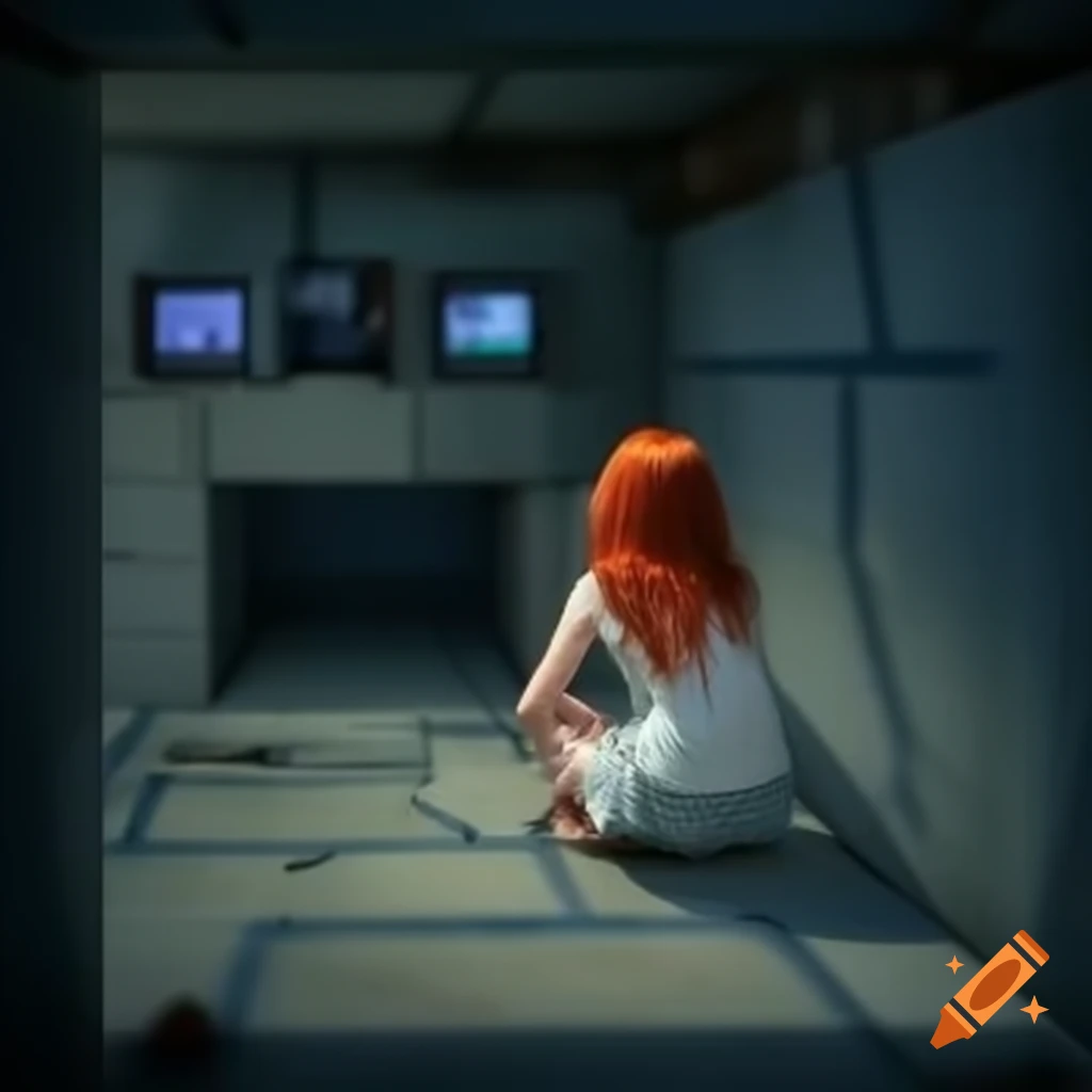 Girl with red hair exploring concrete basement labyrinth on security camera monitor