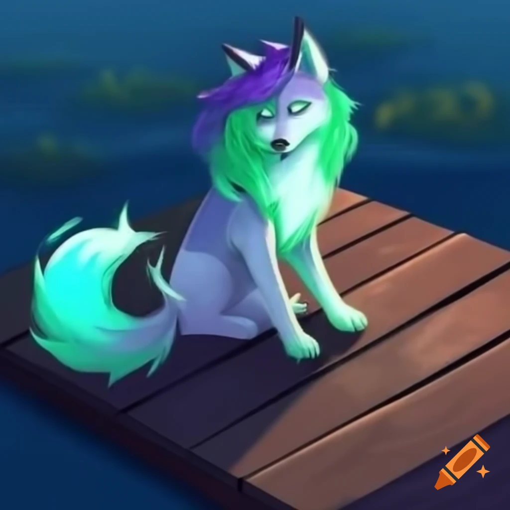 Charming wolf with green and purple hair sitting on weathered dock