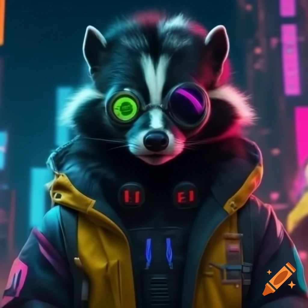 Close-up of skunk in futuristic jacket with LED lights in neon city