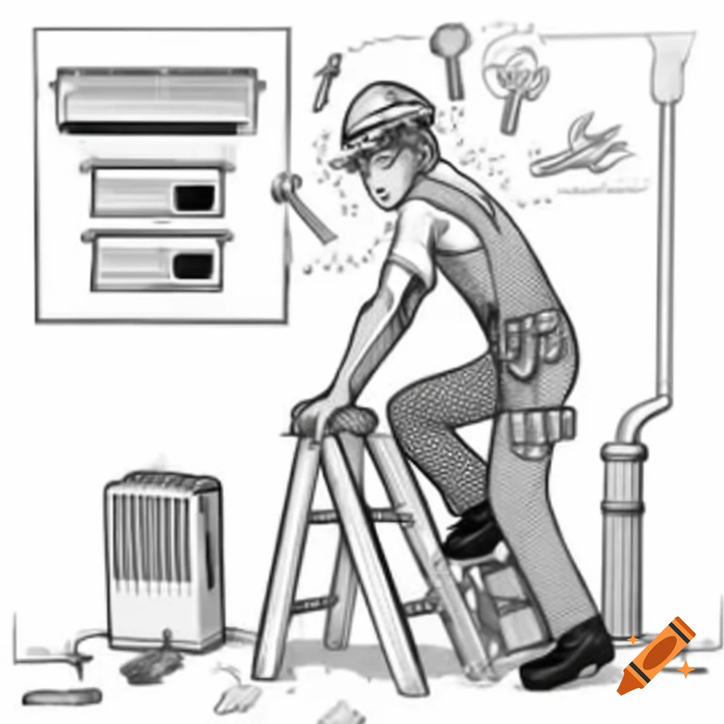 Cartoon HVAC technician on stepladder inspecting air conditioner panel