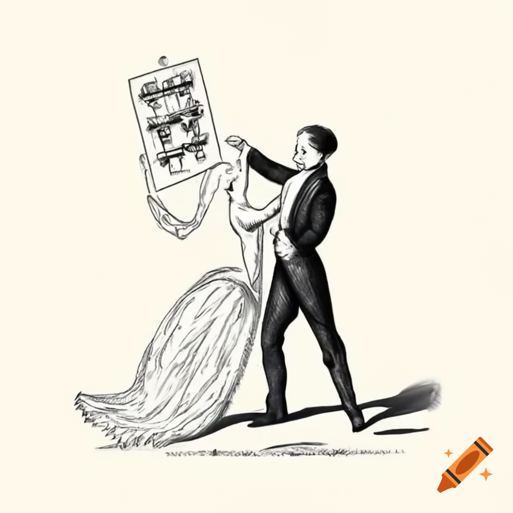 Victorian Vaudeville poster featuring man with paper bag asking lady to dance