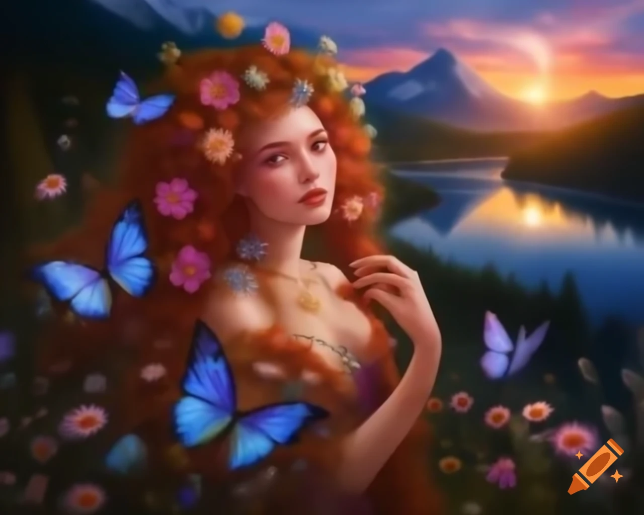 Enchanting colorful-haired woman with wildflowers and butterflies at sunset