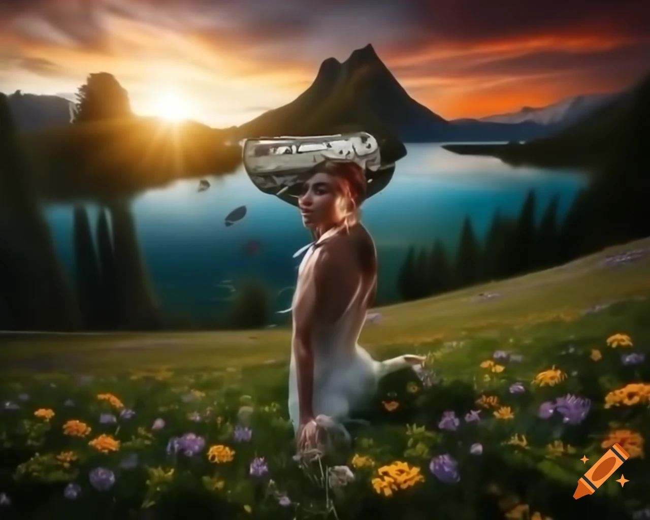 Surreal and lifelike woman's face surrounded by ancient trees and wildflowers