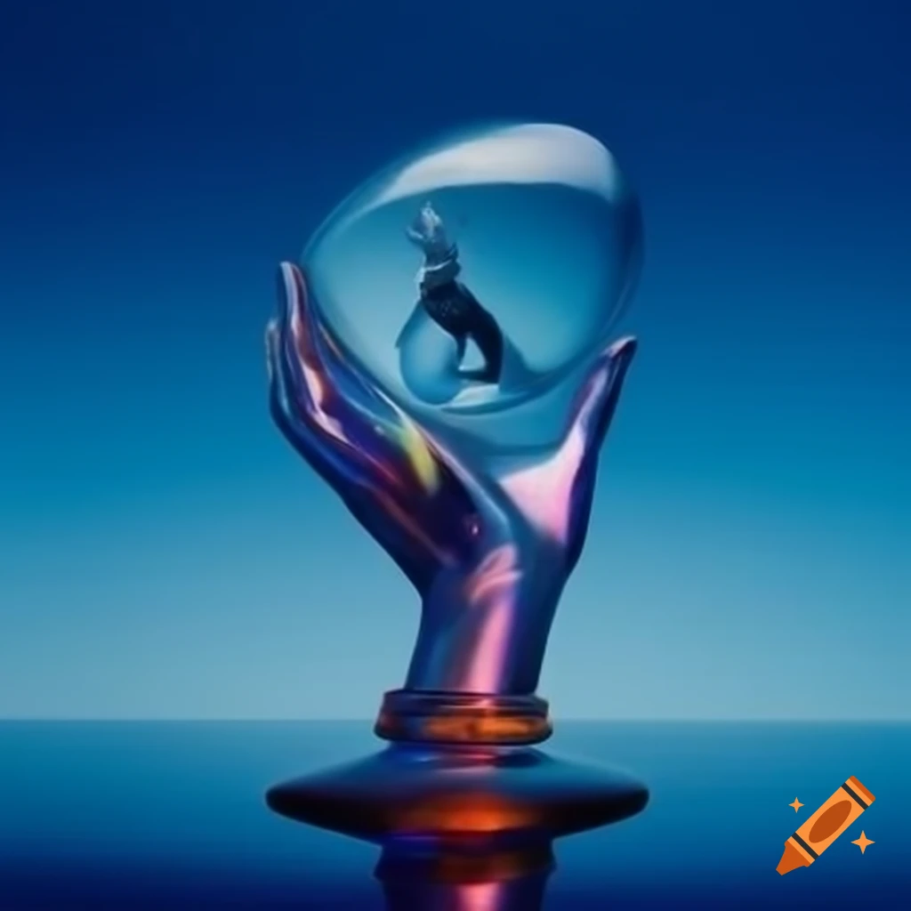 Pop surreal photography featuring iridescent glass statue from the 2000s