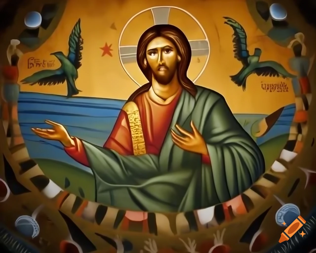 Byzantine icon of Jesus with birds and water, mosaic by Svetoslav Roerich