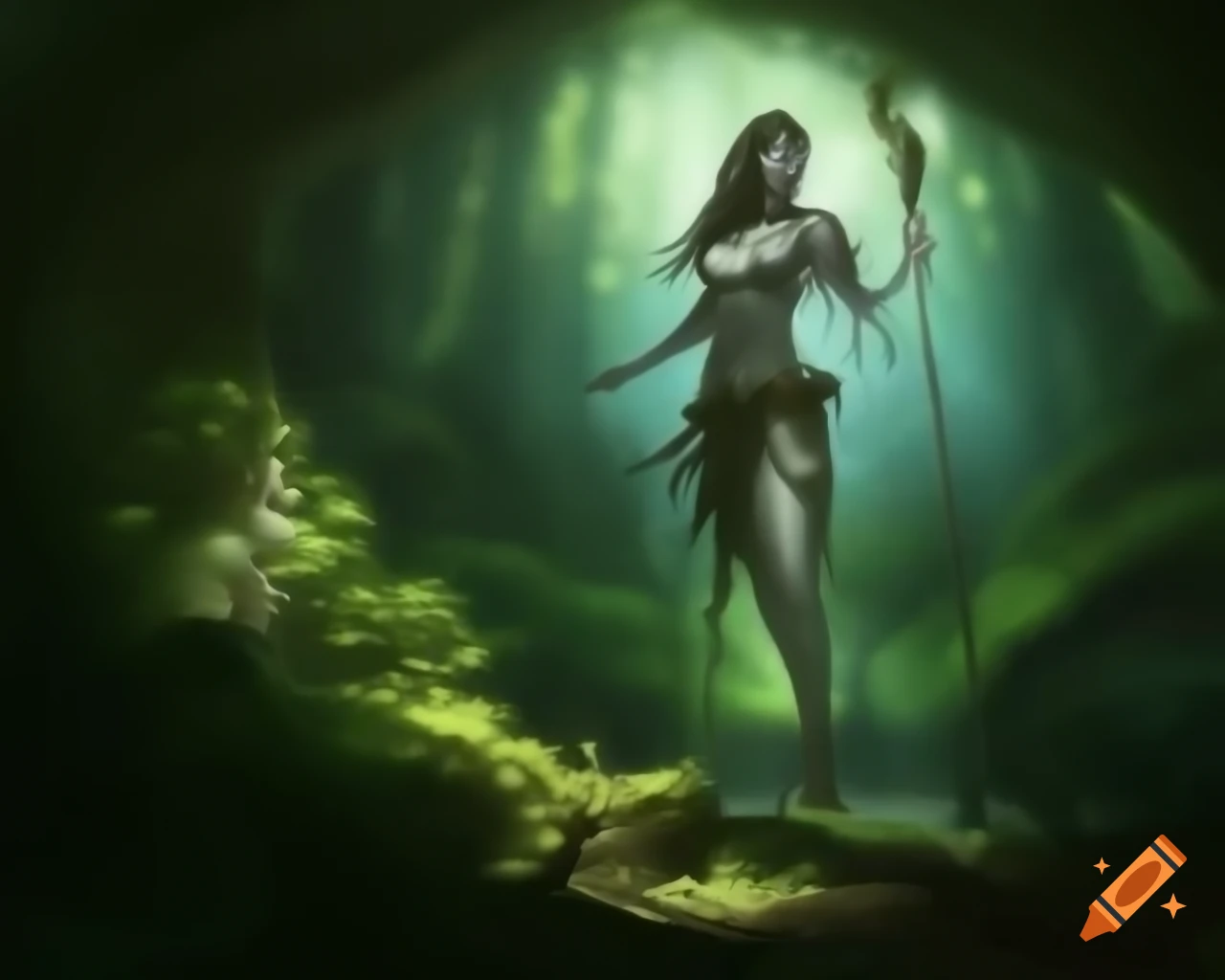 Powerful goddess of the wild in lush forest from ancient legends
