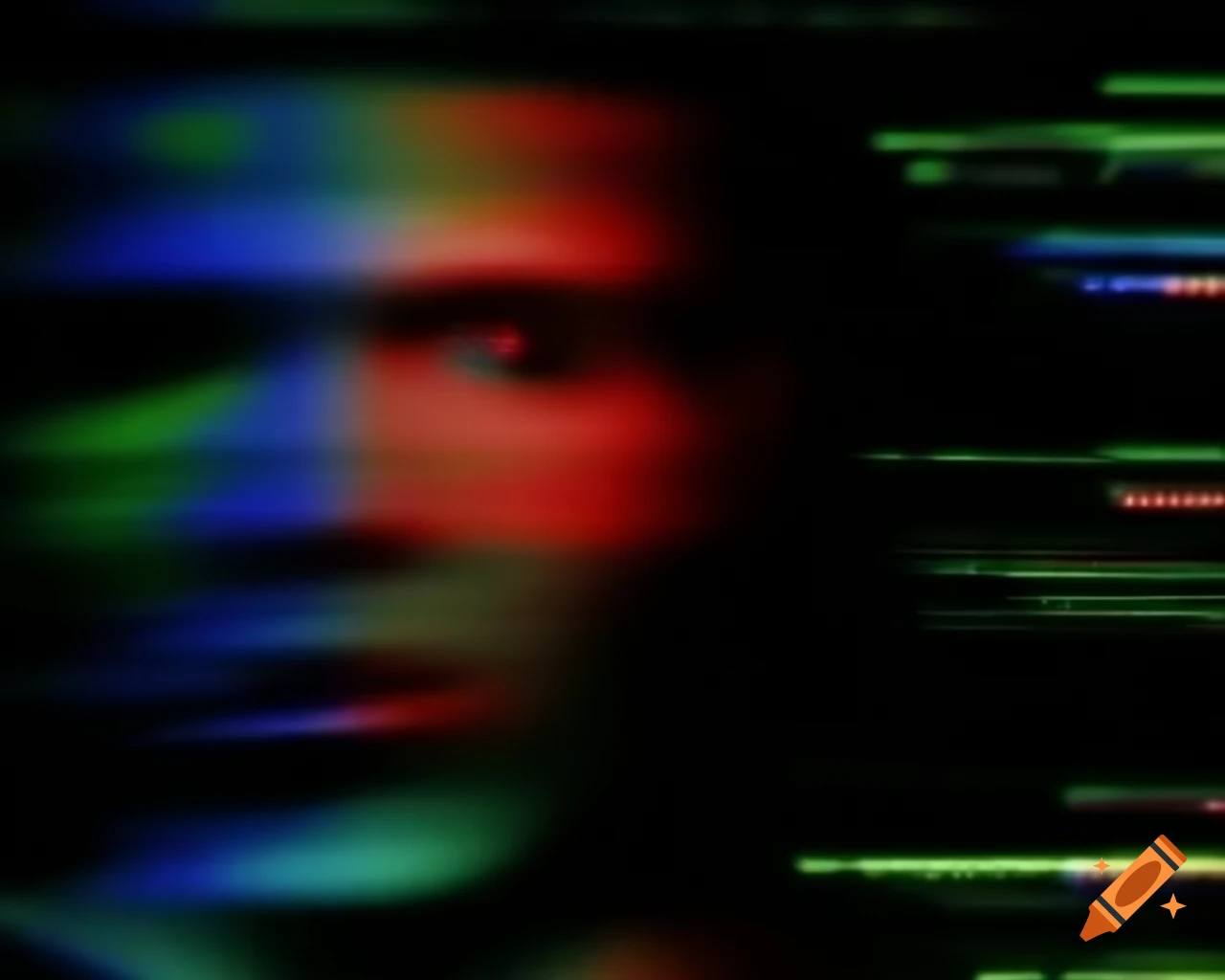 Glitch art close-up of a face with digital distortions and vibrant colors