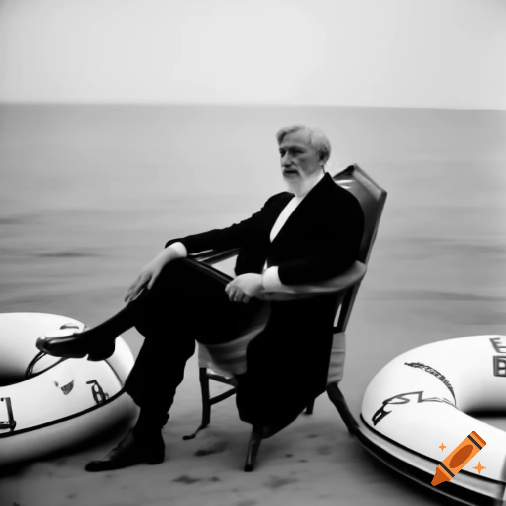 Philosopher in elegant attire sitting on armchair surrounded by inflatable sea toys