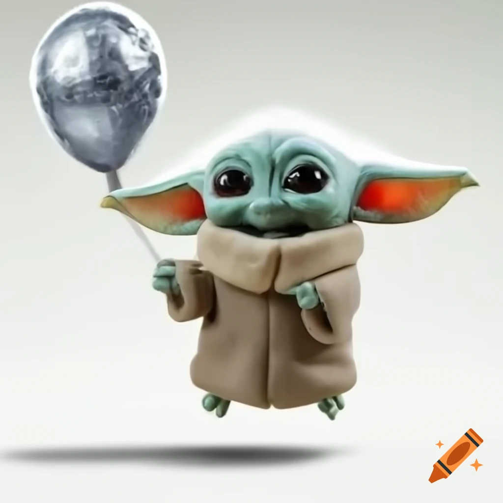 Grogu posing playfully with a silver balloon reading '9' against a white background