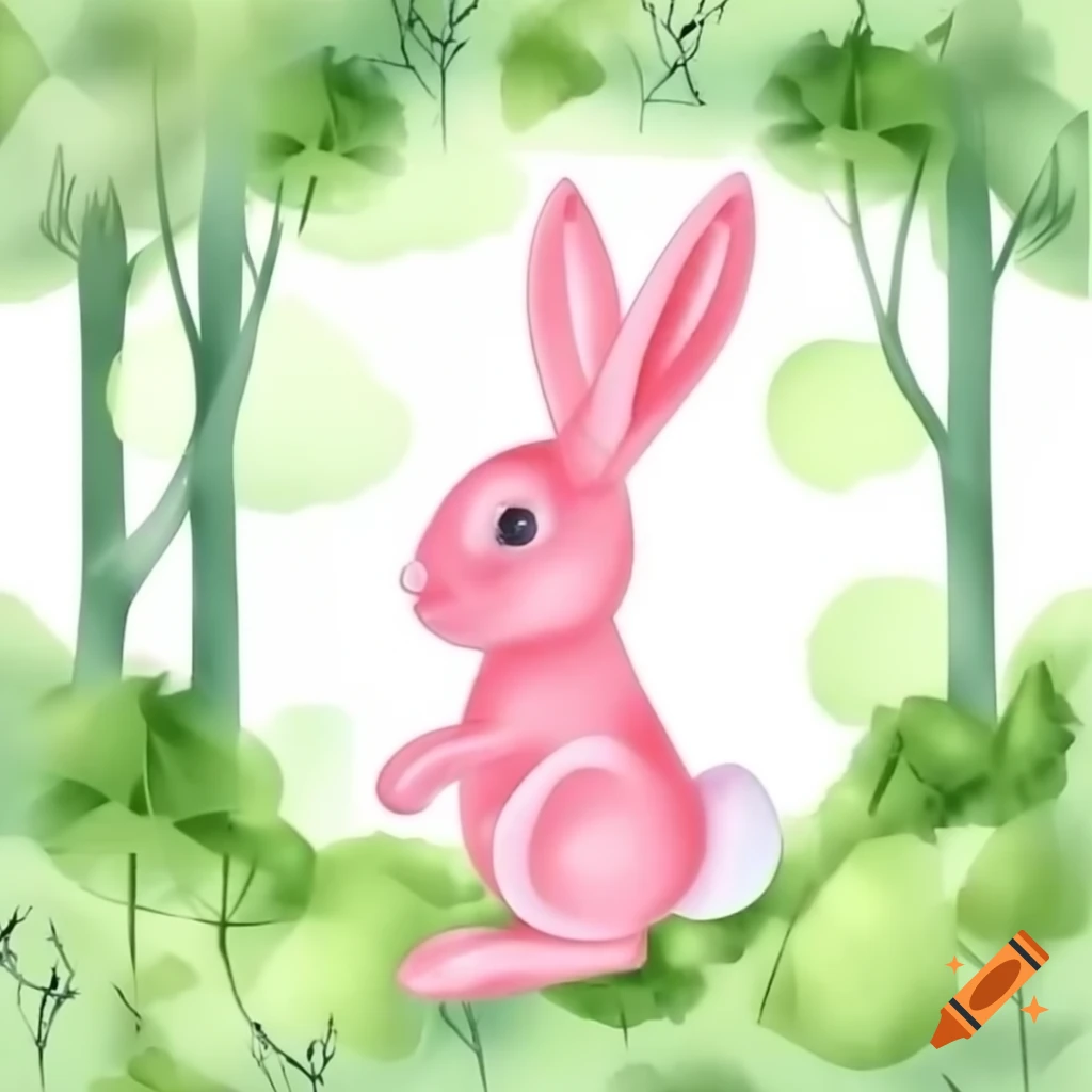 Pink rabbit in a lush forest setting