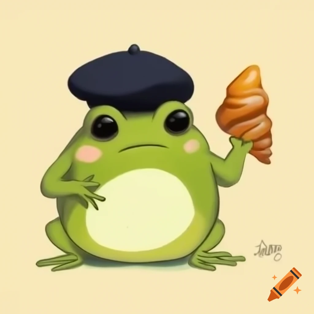 Elegant frog wearing beret and holding croissant