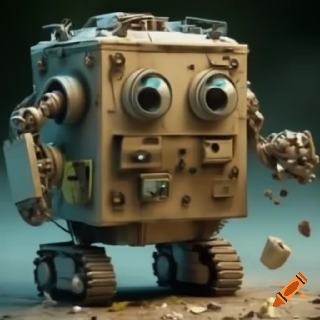 Garbage collection robot with square body, arms, eyes, sensors, and tank-like wheels