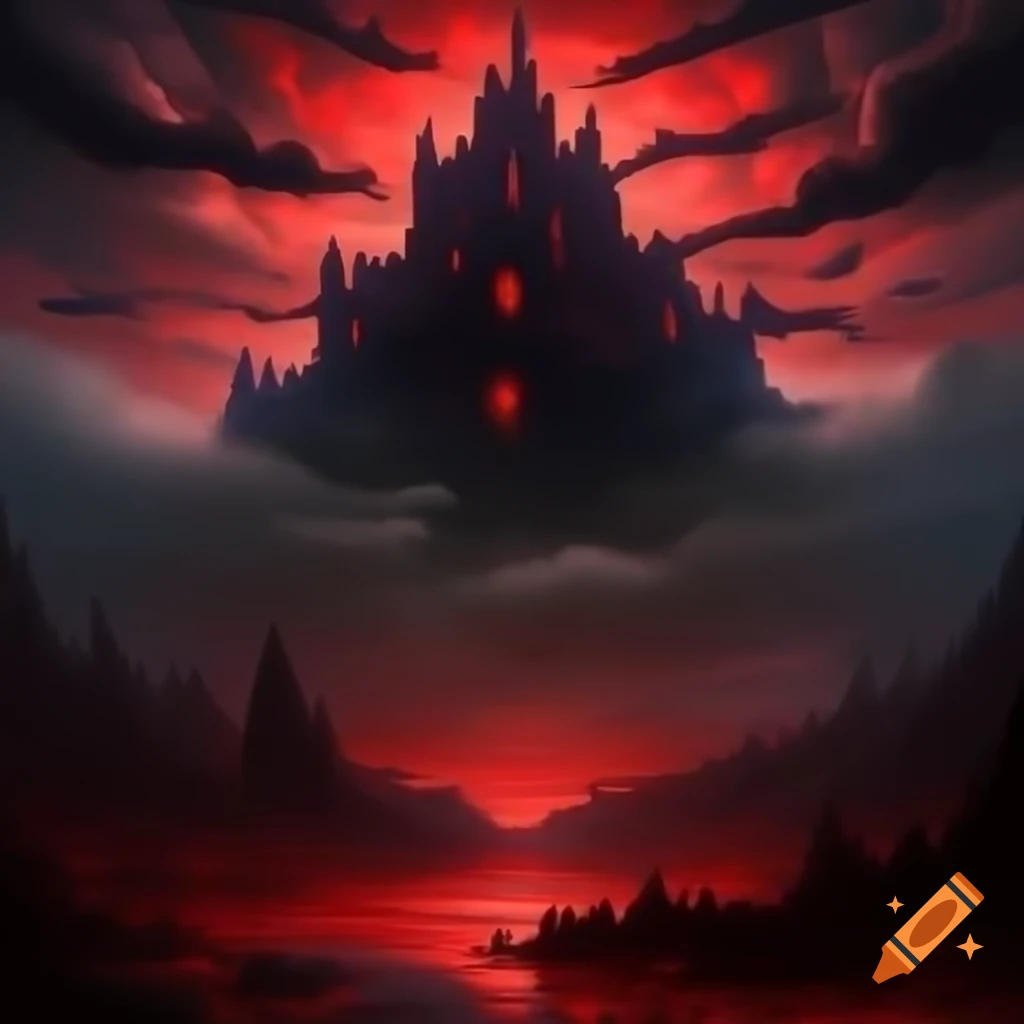 Surreal digital painting of demon castle on floating rock island against blood-red sky