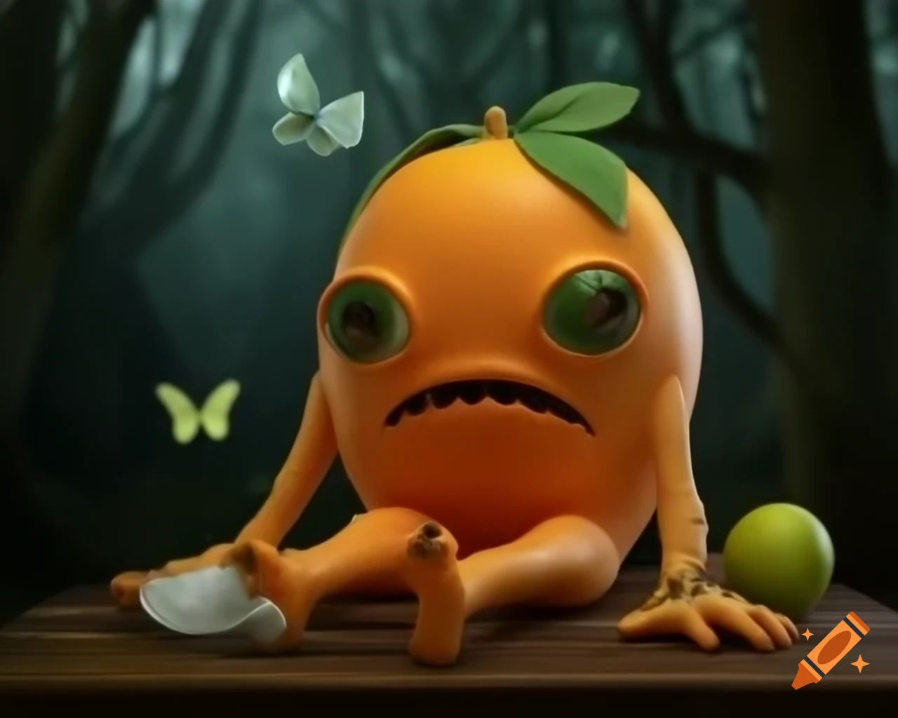 3D image of orange fruit tree monster with lemon face on wooden table in forest