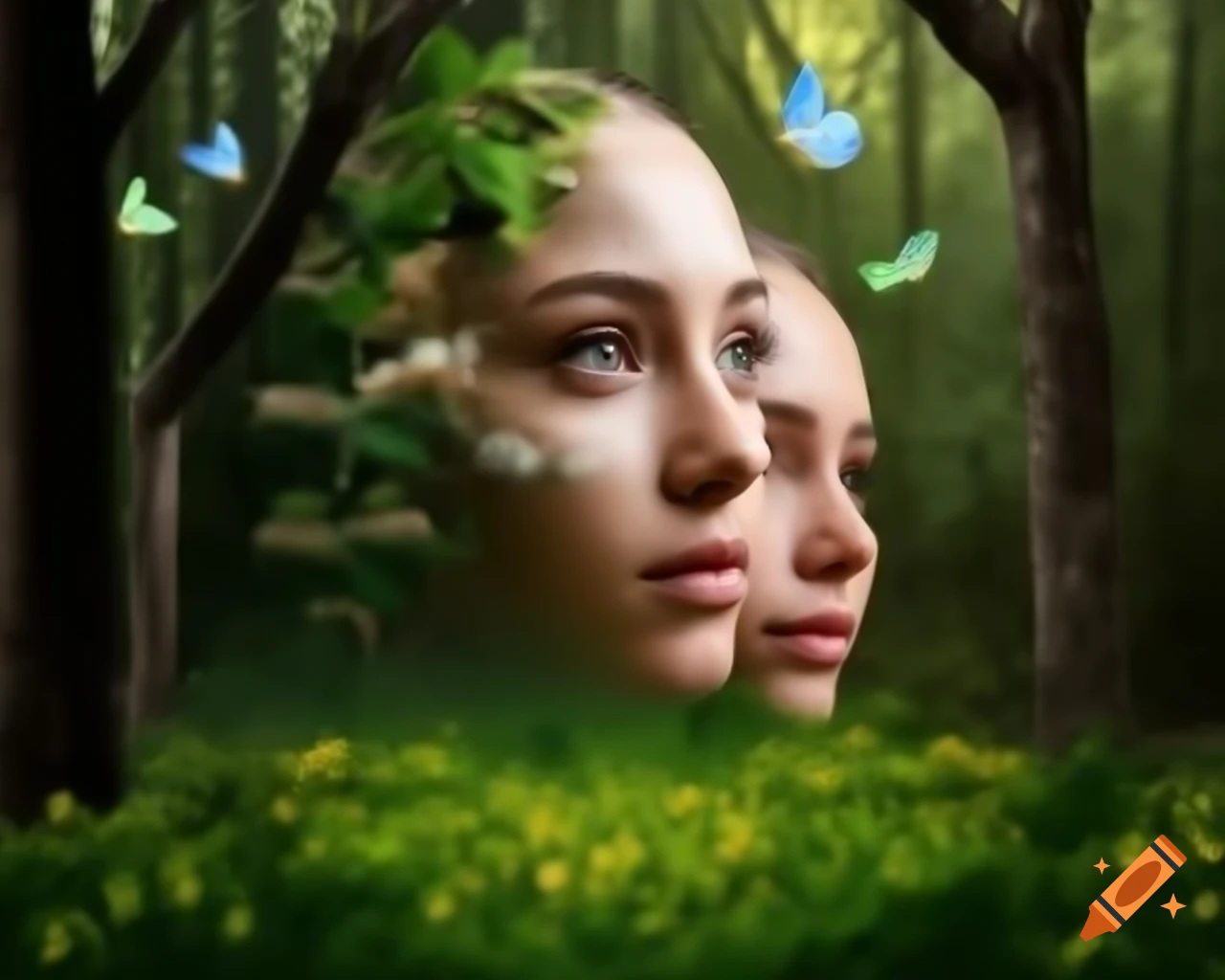 3D render of a woman's face surrounded by old growth trees in a forest, showcasing naturalism