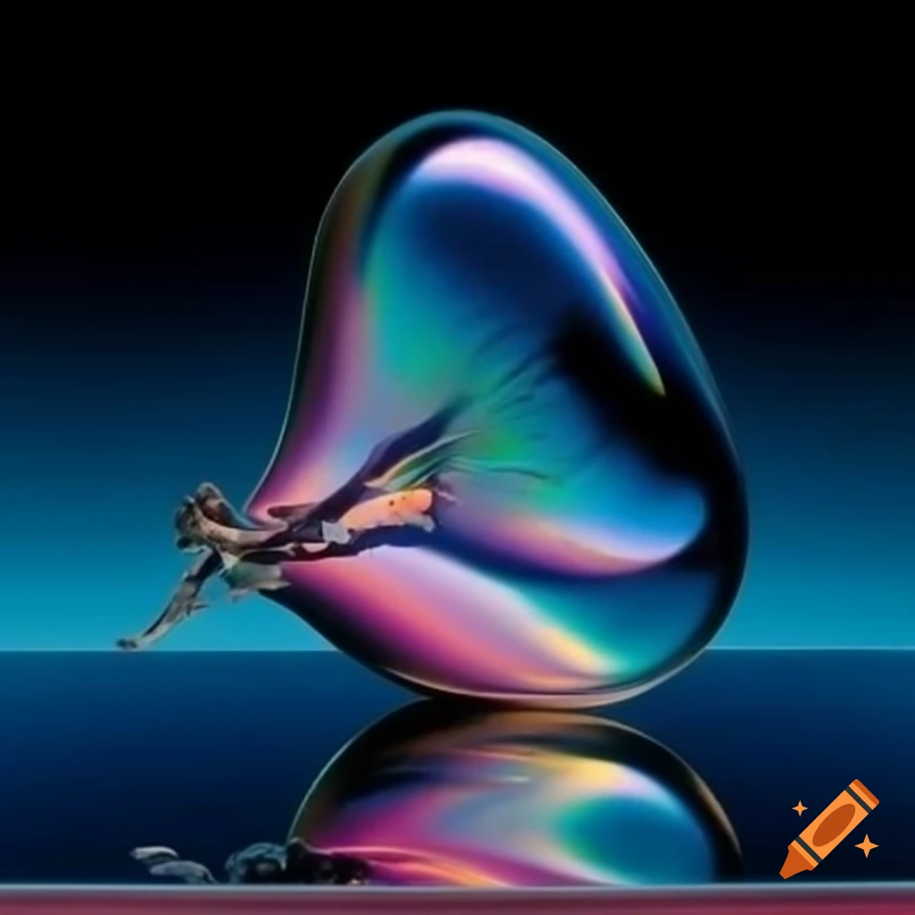 Pop surreal photography featuring iridescent glass statue