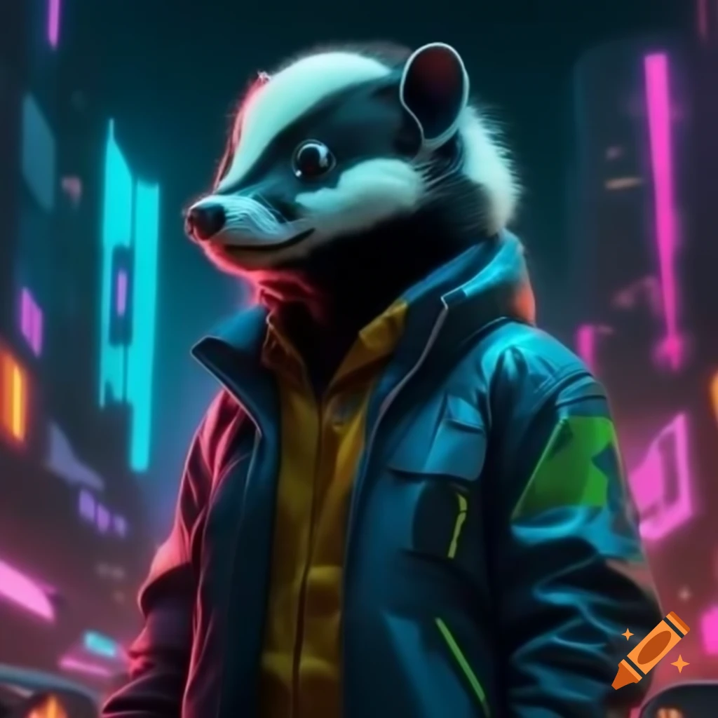 Skunk in high-tech jacket with LEDs in a neon dystopian city with 1980s aesthetic