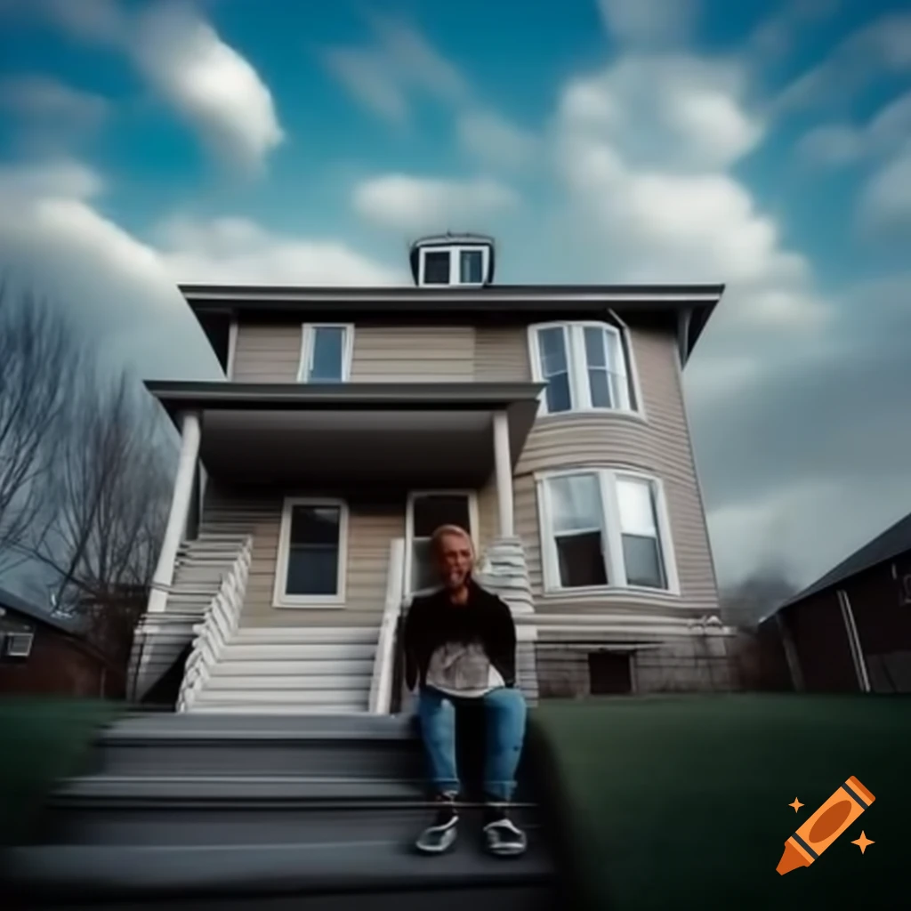 Man sitting on home stairs looking at the sky