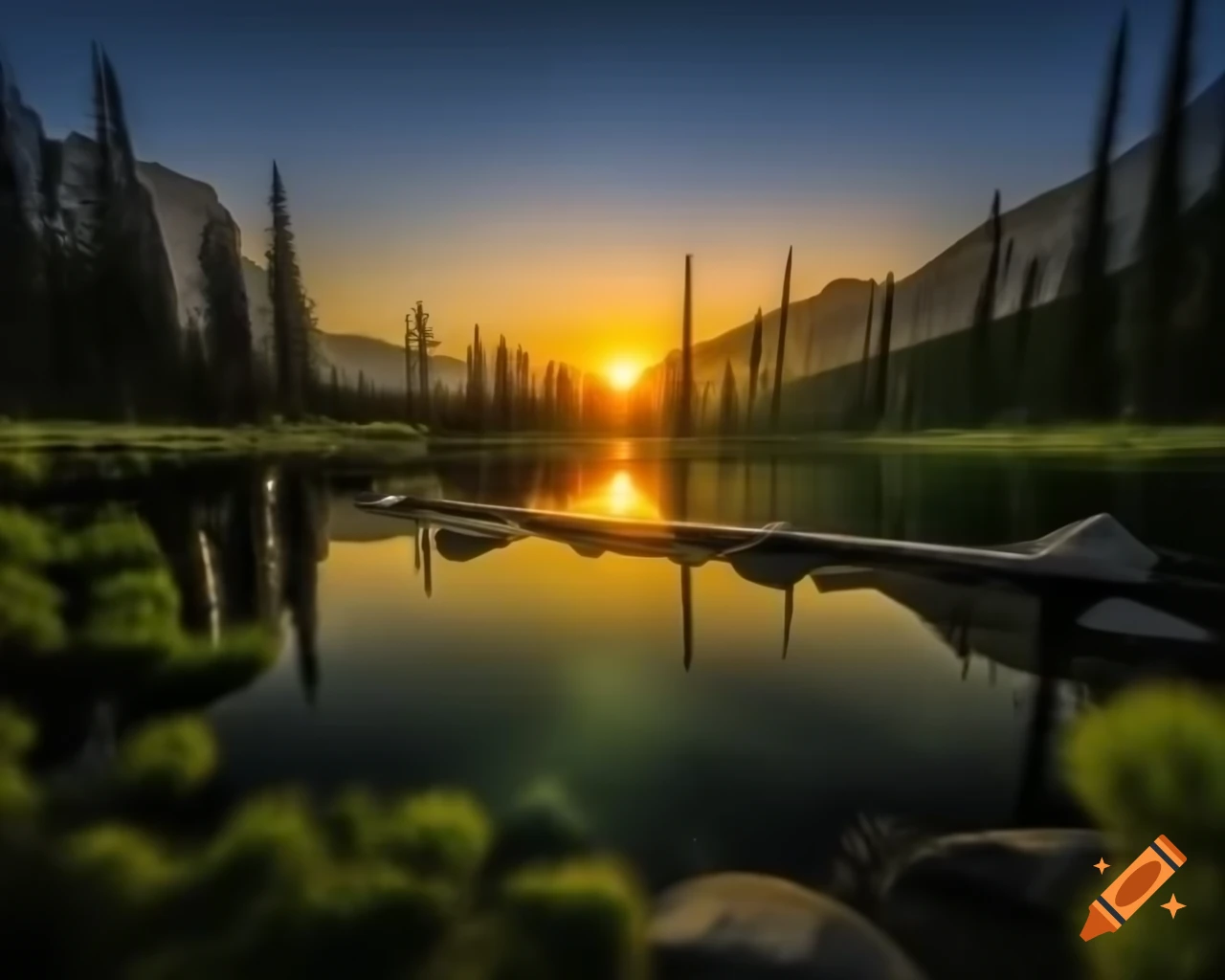 Photorealistic landscape of mountain lake with island and sun rays, featuring lemon monster sculpture