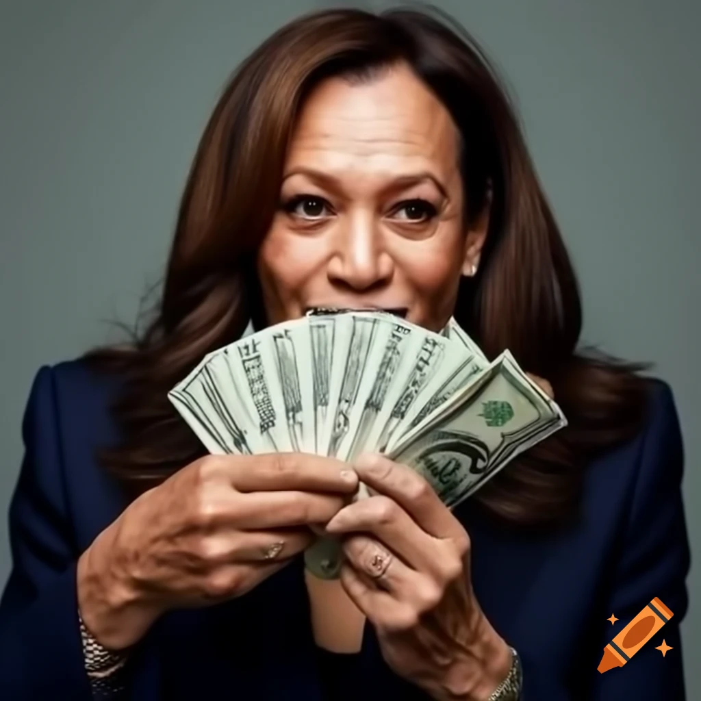 Kamala Harris interacting with a hundred dollar bill