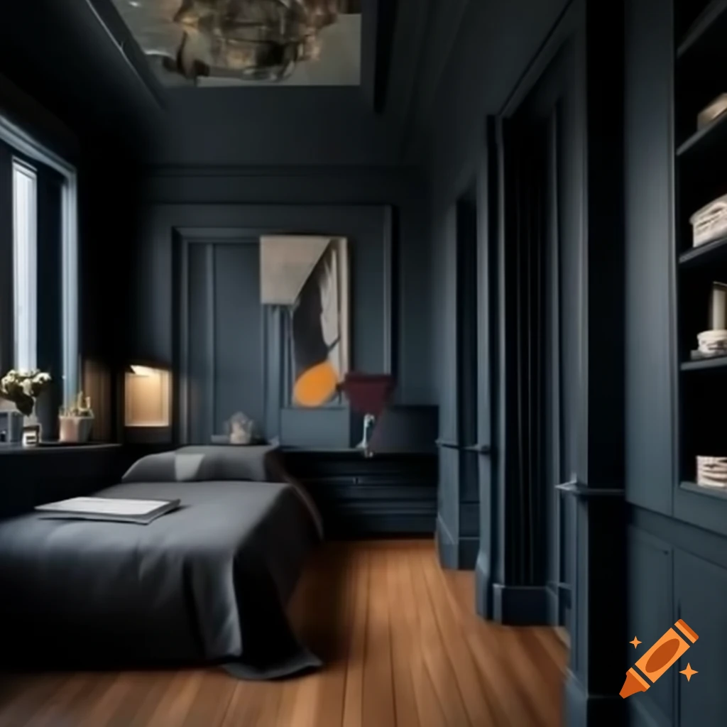 Demure bedroom with study corner, soft slate blue and charcoal grey walls
