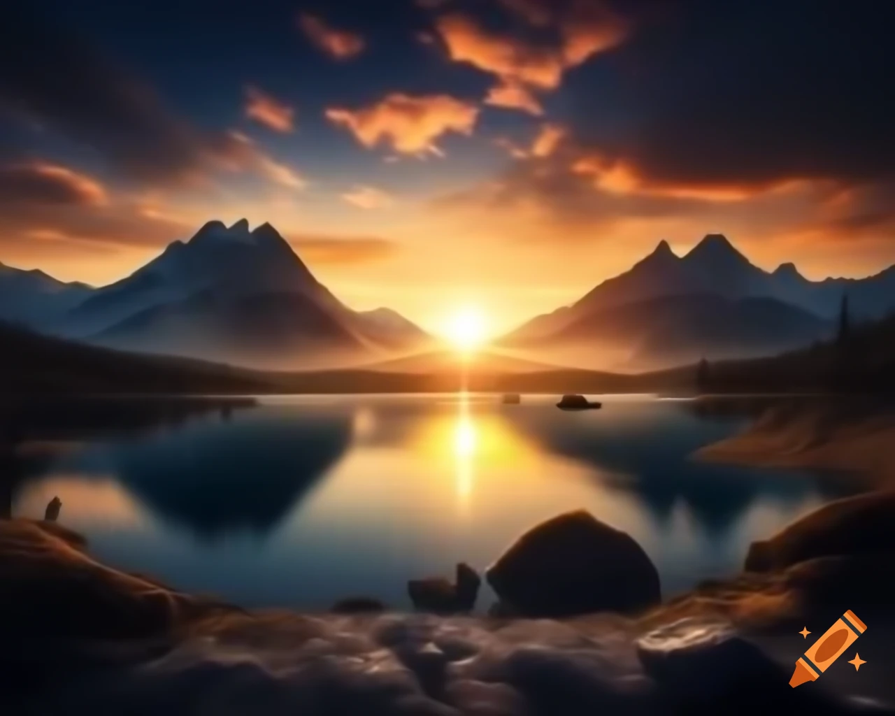 Photorealistic 3D render of mountain lake at sunset with sun rays and island