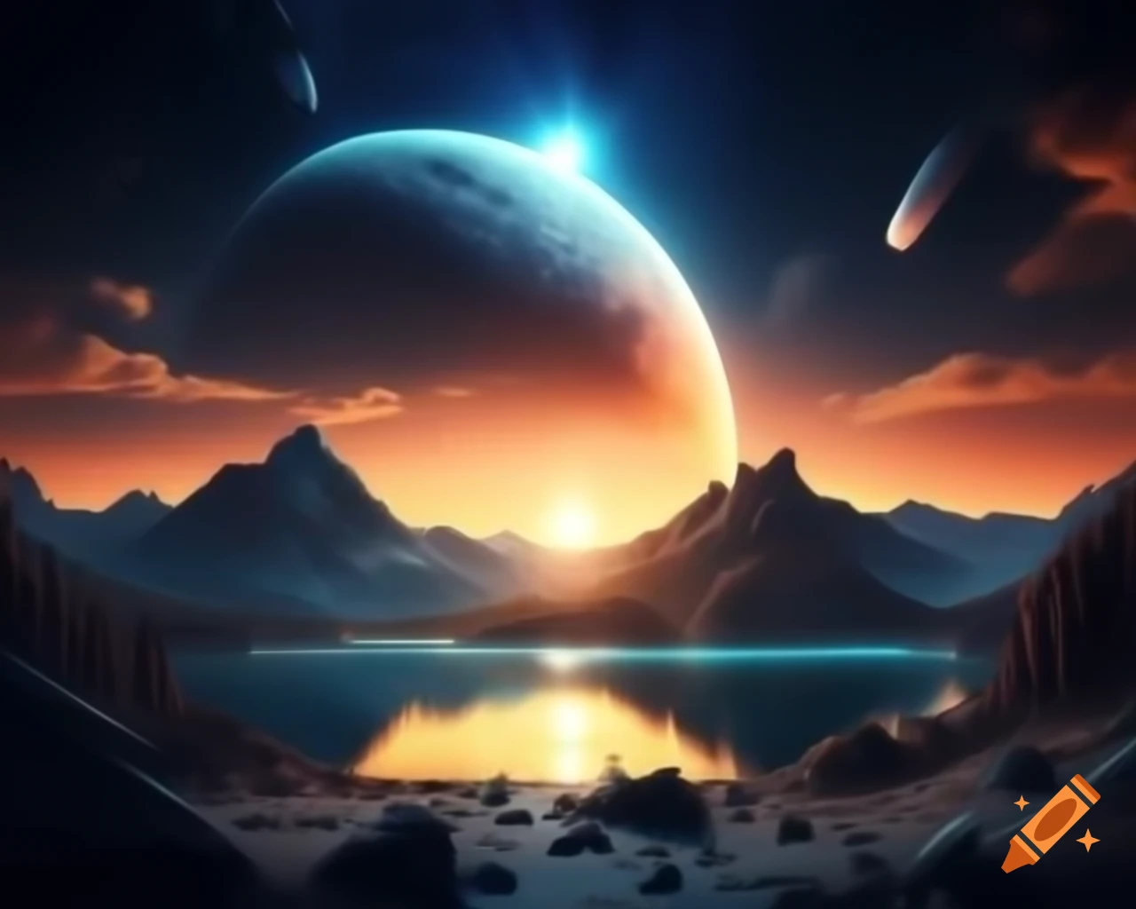Photorealistic 3D render of mountain lake at sunset with sun rays and caustics