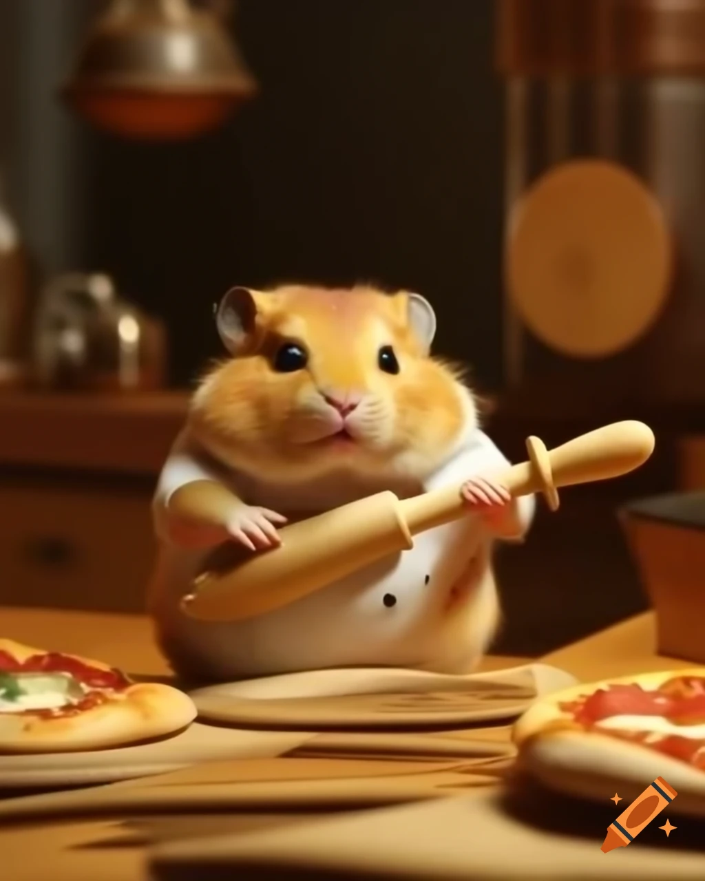 Hamster cooking pizza in miniature kitchen with bamboo rolling pin