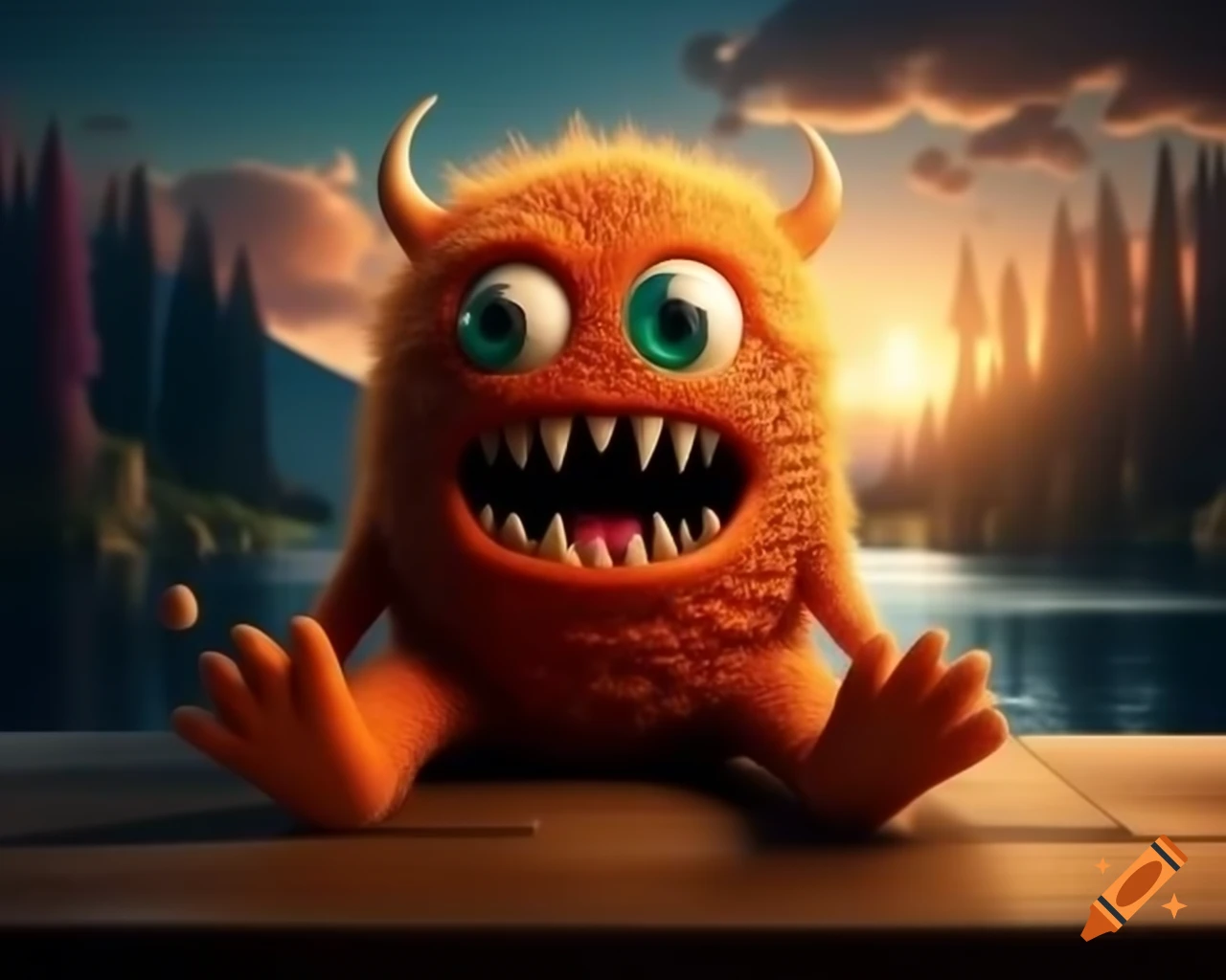 Photorealistic orange monster with human face sitting on wooden table in forest