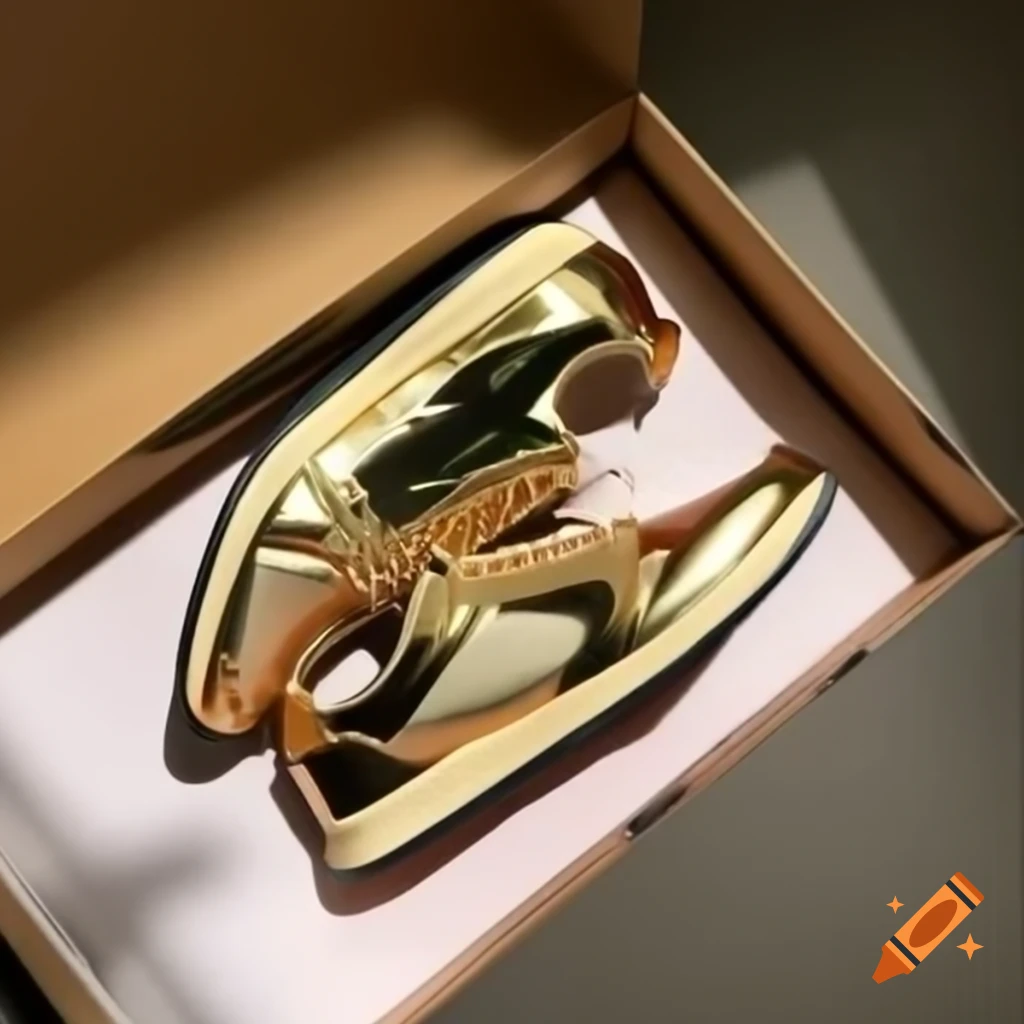 Metallic gold running shoes in shoe box with bright shiny background