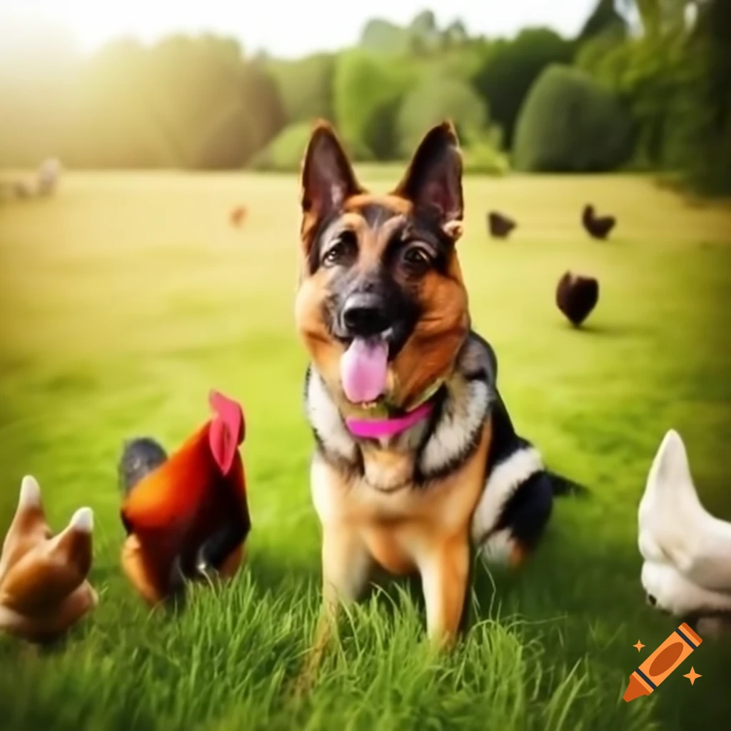 German Shepherd in sunny meadow with guinea hens and rooster