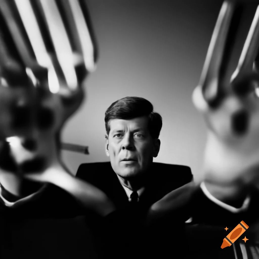 John F Kennedy with arms outstretched holding forks