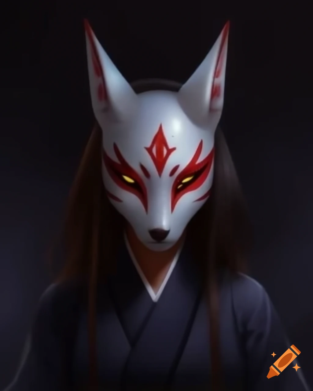 Asian woman wearing kitsune mask with dark themed background