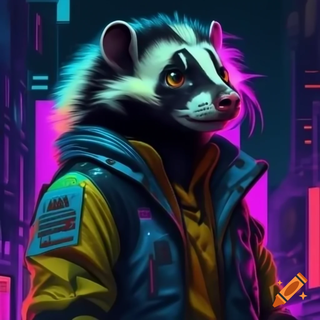 Realistic skunk in futuristic jacket with LEDs in neon dystopian city