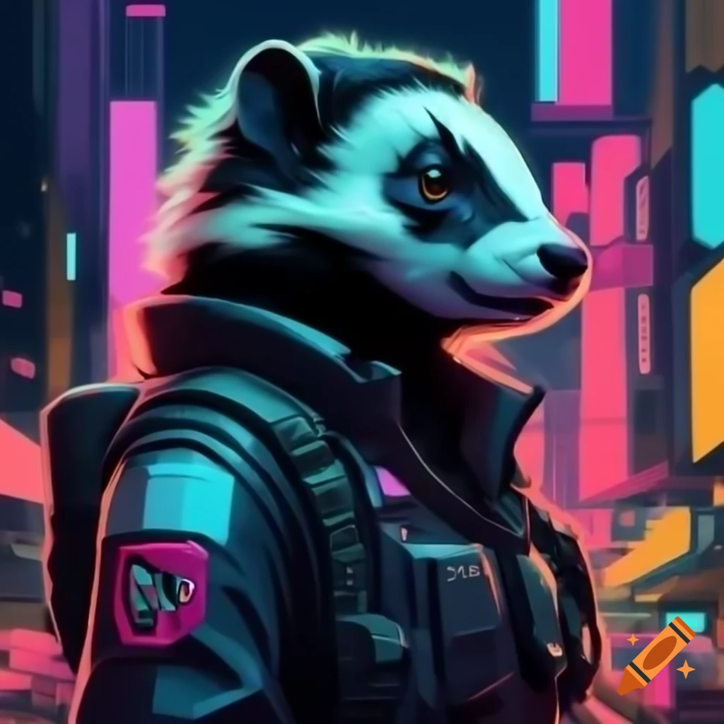 Spotted skunk in cyberpunk dystopia with military uniform in neon midnight city