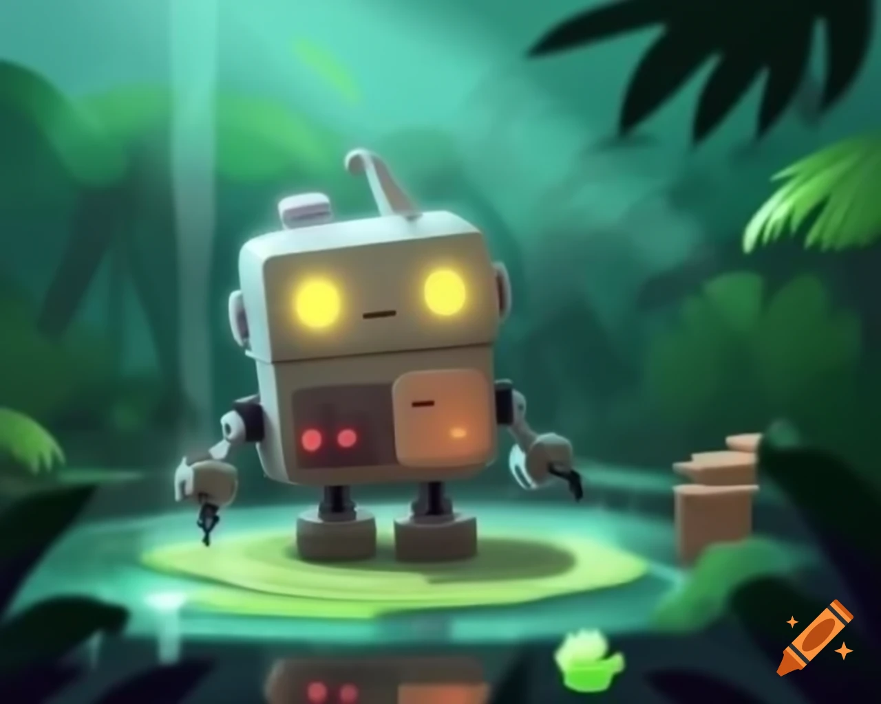 Kawaii robot building mud castle in jungle with dramatic lighting and rain