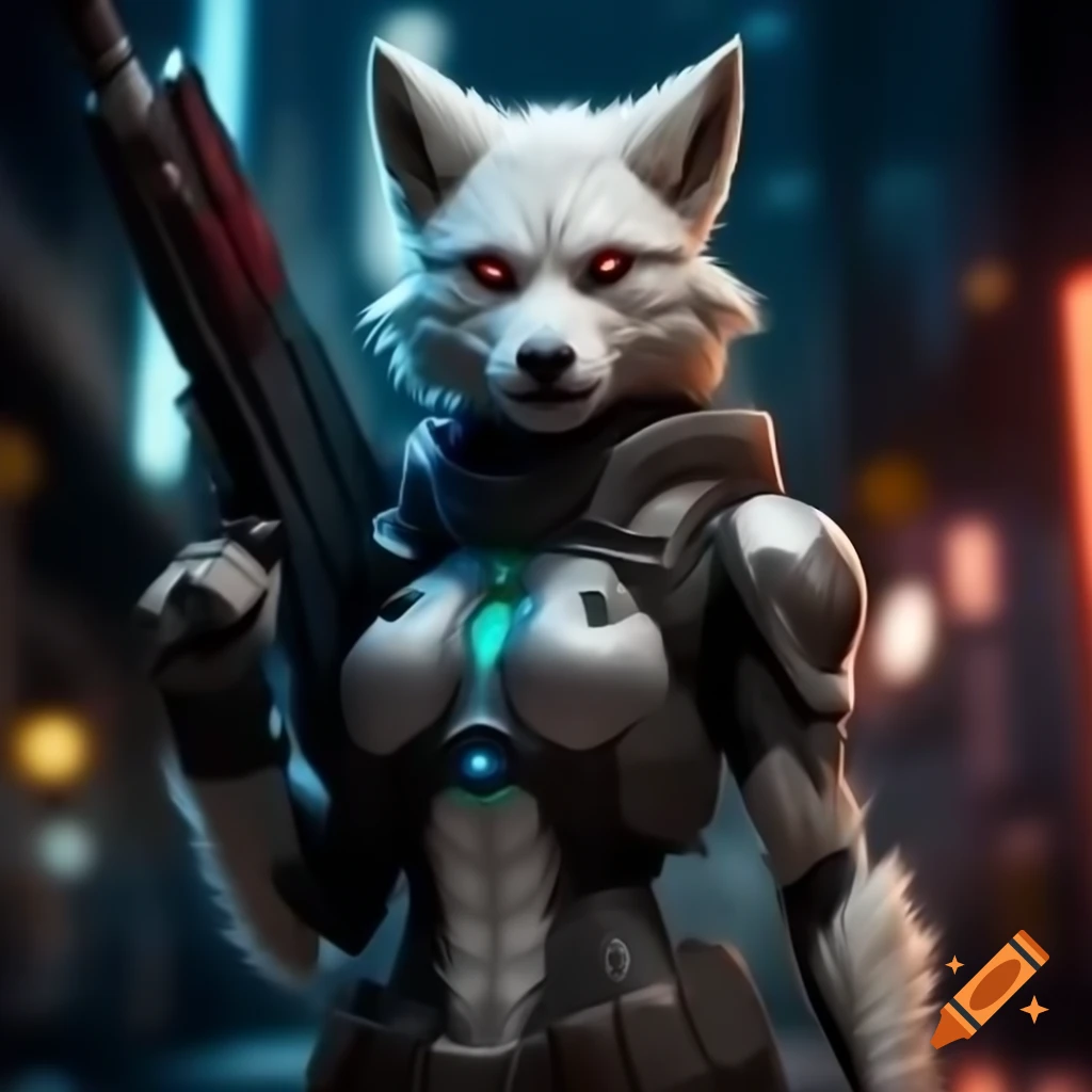 Fierce female creature in futuristic combat suit, white fur and glowing blue eyes, ready for battle with weapon