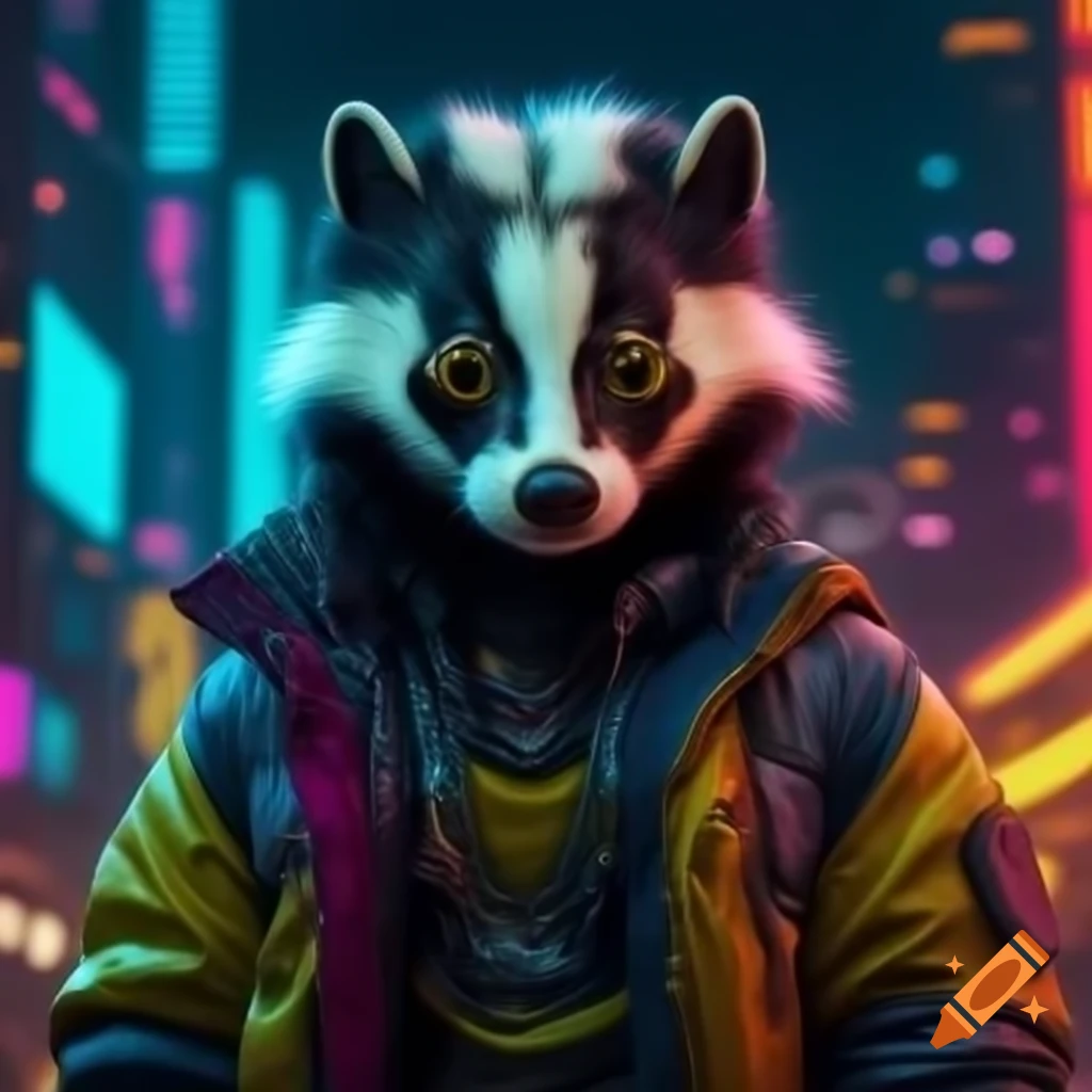 Skunk in futuristic jacket with LEDs in neon dystopian cityscape