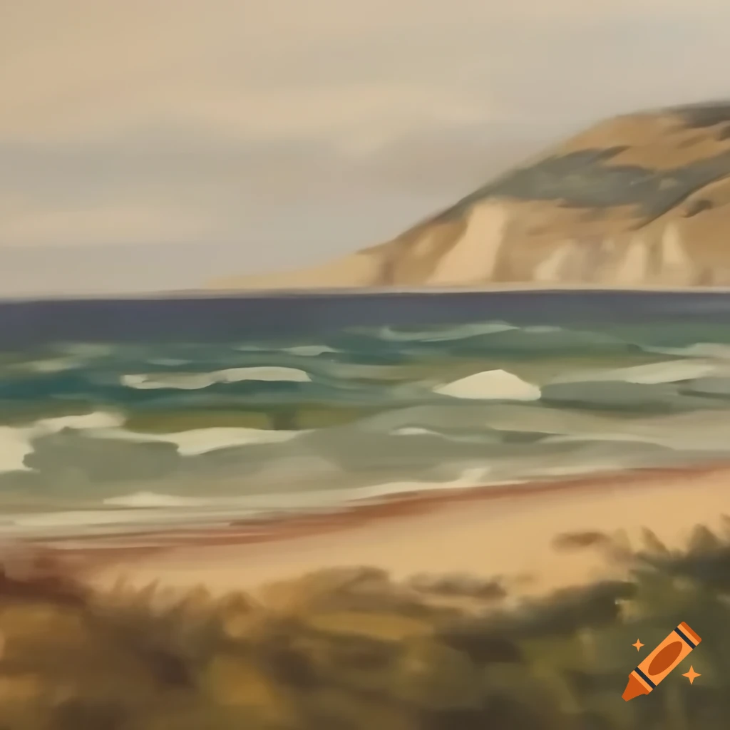 Vintage oil painting of coastland shore