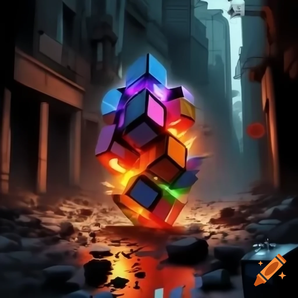 Glowing Rubik's cube amidst dystopian city street with red lasers