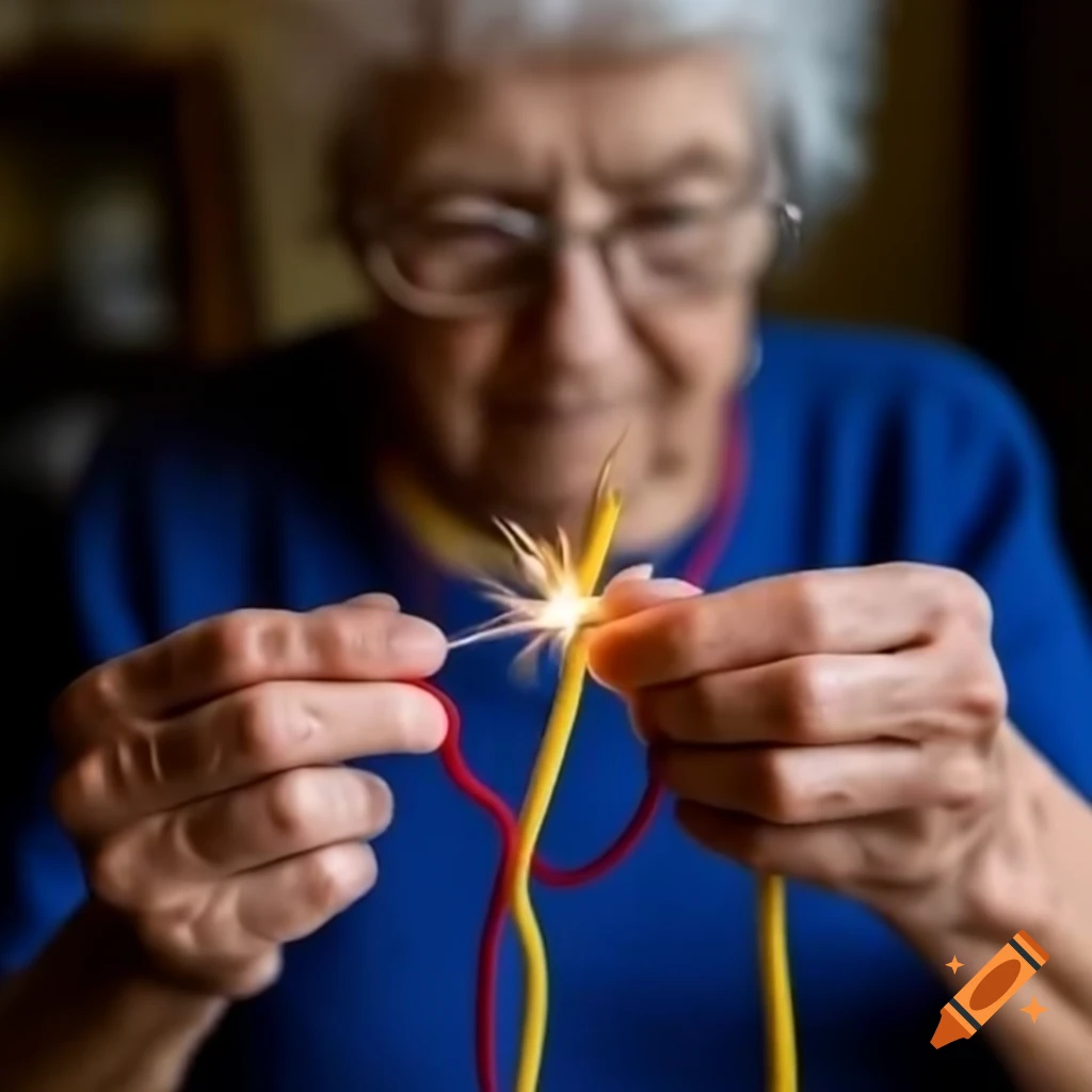 Grandma knitting creatively with a spark plug